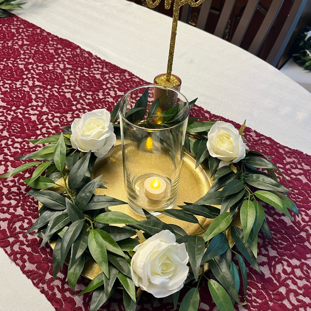 Gold Decorative Tray with Greenery and White Roses 7 inch clear glass cylinder